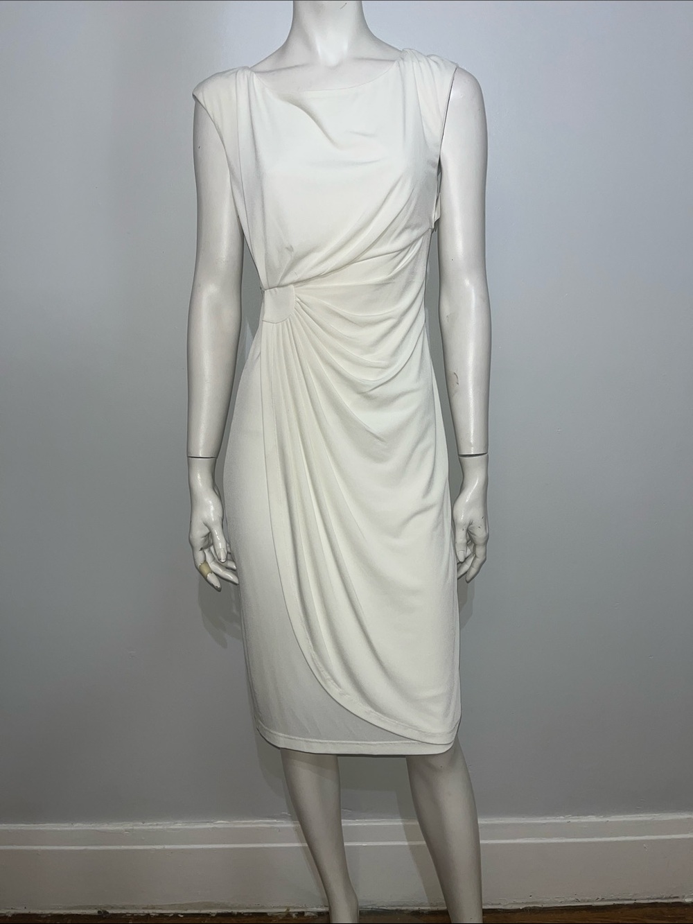 Connected Apparel Lisa Sleeveless White Draped Sheath Dress